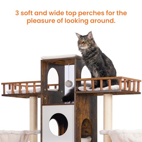 Heybly Cat Tree with Litter Box Enclosure for Indoor Big Cat, Cat Tower for Large Cats 20lbs Heavy Duty, Modern Cat Condo Furniture with Scratching Posts, Rustic Brown HCT110SR - color: Rustic Brown