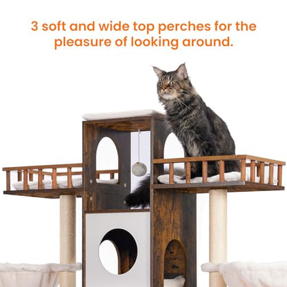 Heybly Cat Tree with Litter Box Enclosure for Indoor Big Cat, Cat Tower for Large Cats 20lbs Heavy Duty, Modern Cat Condo Furniture with Scratching Posts, Rustic Brown HCT110SR - color: Rustic Brown
