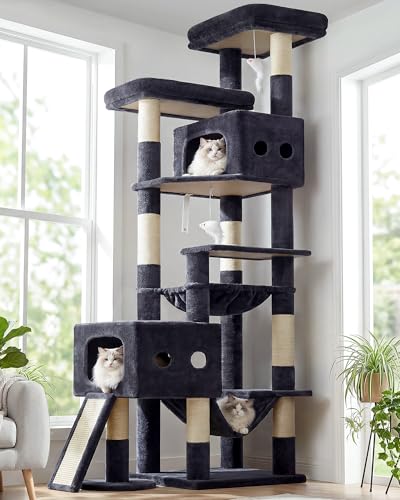 Globlazer Multi-Level Tall Cat Tower 83 inch Sturdy Extra Large Heavy Duty Cat Tree for Indoor Large Adult Cats Kittens with 2 Cat Condo, 8 Scratching Post, 2 Hammock, S83G, Dark Grey - color: Dark Grey