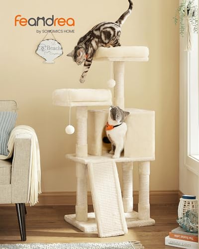 Feandrea Cat Tree, 45.3-Inch Cat Tower, Plush Condo with Scratching Post, Ramp, Perch, Spacious Cave, for Small Space, Beige UPCT141M01 - color: Beige