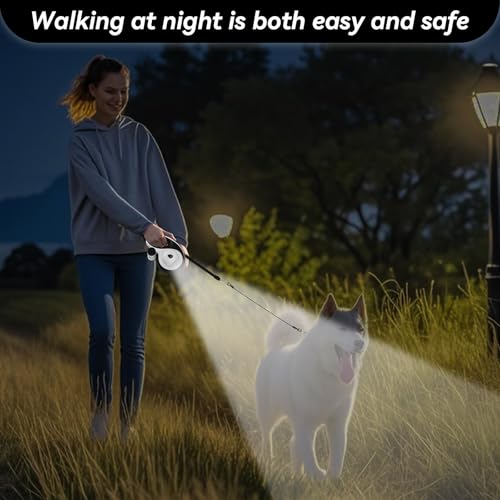 26ft Heavy Duty Retractable Dog Leash for Large Dogs, Dog Leash with Poop Bag Holder, Up to 100lbs, With LED Light, Chew Proof Cable, One-Handed Pause & Lock, 360° No Tangle. (White+, 26Ft) - color: White+