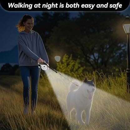 26ft Heavy Duty Retractable Dog Leash for Large Dogs, Dog Leash with Poop Bag Holder, Up to 100lbs, With LED Light, Chew Proof Cable, One-Handed Pause & Lock, 360° No Tangle. (White+, 26Ft) - color: White+