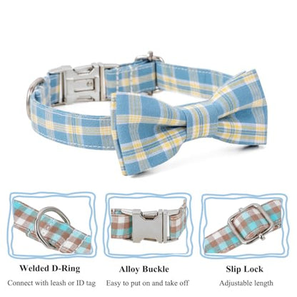 Plaid Dog Collar with Bowtie, Detachable and Adjustable Bow Tie Cat and Dog Collar with Metal Quick Release Buckle Pet Gift for Small Medium Large Dogs (Blue, Medium) - color: Blue, size: Medium