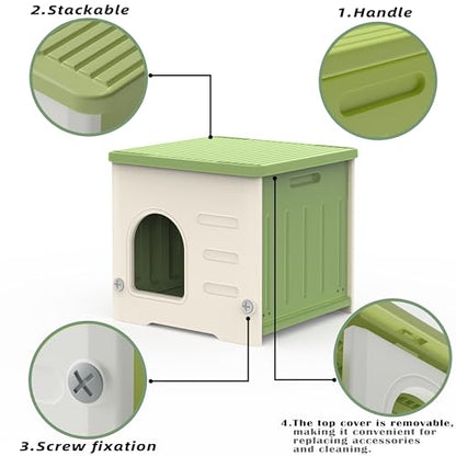 Stackable Cat House for Outdoor Indoor Use, Feral Cat Shelter Weatherproof Waterproof Elevated (Medium) - color: Green-M
