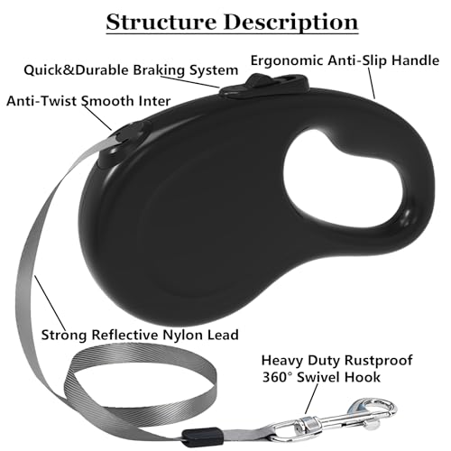 Retractable Dog Leash, 16Ft/5M Light Weight Retractable Leash for Small Medium Dogs/Cats Up to 50lbs, Strong Nylon Tape 360° Tangle-Free One-Hand Brake (Black) - color: Black