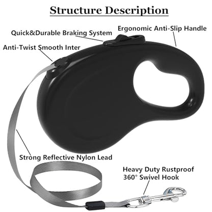 Retractable Dog Leash, 16Ft/5M Light Weight Retractable Leash for Small Medium Dogs/Cats Up to 50lbs, Strong Nylon Tape 360° Tangle-Free One-Hand Brake (Black) - color: Black