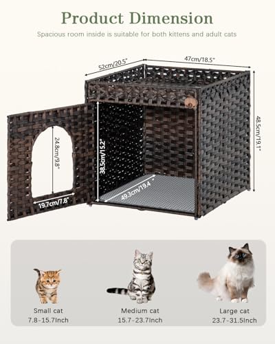 SETVSON Cat Litter Box Enclosure Furniture, Hidden Litter Box with Mat and Fence, Handwoven Rattan Cat House with Two S-Shaped Hooks for Living Room, Bedroom, 18.5 x 20.5 x 19.1 Inches (Brown) - color: Brown, size: Standard