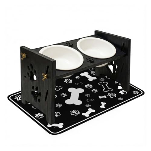 2026 New Elevated Cat Bowls with Food Mat, Adjustable Height & Angle Raised Cat & Dog Bowls Stand for Food and Water, Cat or Small Dog Feeding Station, 2 Ceramic Bowls for Cats and Puppy(Black Wood) - color: black