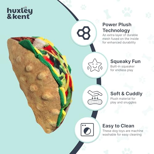 Huxley & Kent Funny Dog Toy w/Squeaker – Power Plush Squeaky Dog Toys for Small, Medium & Large Dogs – Soft Stuffed Animal for Indoor Play & Fetch - Taco Tuesday, Small - size: Small, style: Taco Tuesday