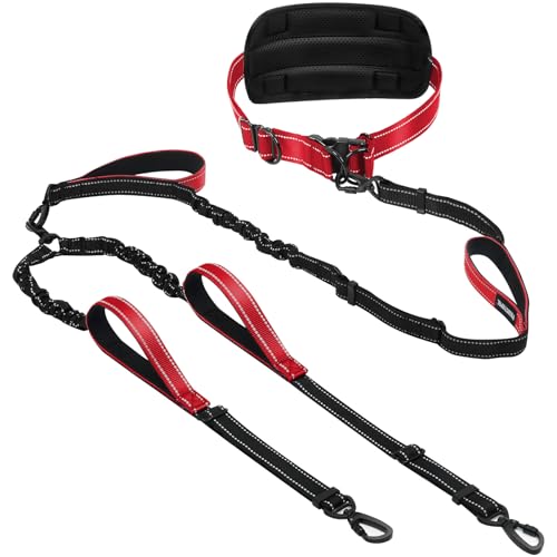 Hands Free Leash for 2 Large Dogs, No Tangle Waist Walking Bungee Leash, 6-8 FT Dual Dog Leashes(50-150 lbs) - color: 2 Dog – Sunset Red