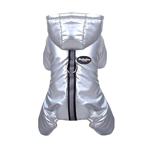 Izefia Dog Coat Windproof Jacket Cold Weather Coats 4 Legs Warm Jumpsuit Winter Thick Clothes Snow Proof Cotton Coat for Small Dog Medium Cat Silver XL - color: Silver, size: X-Large (Back length: 12.6 inches)