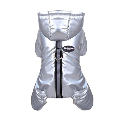 Izefia Dog Coat Windproof Jacket Cold Weather Coats 4 Legs Warm Jumpsuit Winter Thick Clothes Snow Proof Cotton Coat for Small Dog Medium Cat Silver XXL - color: Silver, size: XX-Large (Back length: 14.6 inches)