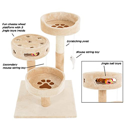Cat Tree - 3-Tier Tall Cat Tower Condo with 2 Napping Perches, Sisal Rope Scratching Post, Hanging Mouse and Interactive Wheel Toy by PETMAKER (Beige), 27.5" - color: Beige