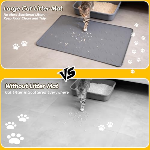 Large Cat Litter Mat, 34" x 22" Cat Litter Box Mat, Silicone Litter Trapping Mat, Soft on Kitty Paws & Easy to Clean for Floor, Waterproof/Urineproof Litter Pad for Indoor Cats - size: 34" × 22"
