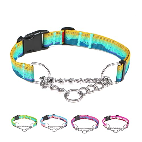 Martingale Dog Collars with Stainless Steel Chain, Reflective No Pull Walking Training Collar with Quick Release Buckle, Adjustable Slip Chain Nylon Dog Collars for Small Medium Large Dogs - color: Yellow and blue, size: Medium