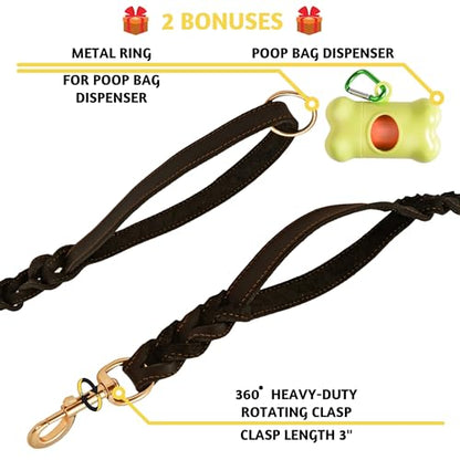 ADITYNA - Double Handle Leather Dog Leash 6ft - Heavy Duty Braided Dog Leash with Traffic Handle - Lead for Training and Walking Medium Large Breeds (Black, Two Handles 6 Foot x 5/8") - color: Black, size: Two Handles 6 foot x 5/8"
