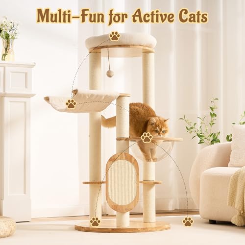 Modern Solid Wood Cat Tree for Indoor Cats Up to 15lbs, 49" Tall Cat Tower with Scratching Posts & Scratcher, Large Cat Bed, Hammock, Capsule Nest, Dangling Ball, Multi-Level Cat Furniture - color: 49"Natural