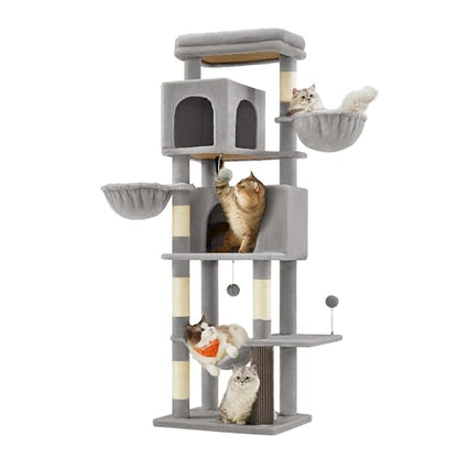 Feandrea Cat Tree, 69-Inch Tall Cat Tower, Multi-Level Plush Condo with 2 Caves, 2 Baskets, 5 Scratching Posts, Self-Groomer, Perch, Hammock, Dove Gray UPCT182G01 - color: Dove Gray
