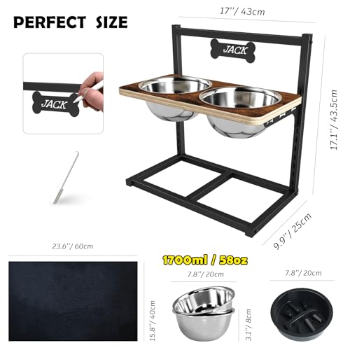 ADENGL Elevated Dog Bowls with Slow Feeder - 9 Heights Adjustable Raised Dog Bowl Stand with Two 1.7L Stainless Steel Dog Food Bowls & Slow Feeder and a Nonslip Pad, Perfect for Medium Large Breed - color: Black, Slow Feeder with Black Mat, size: Large Do