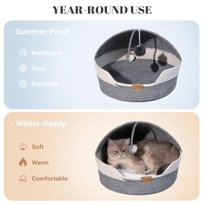 Cat Basket Bed with Washable Cushion and Ball Rope Cotton, Covered Pet Bed for Indoor Cats Cave Bed Hooded, Stimulicat Cat Bed Handwoven Breathable, All Season Universal(Blue) - color: Blue
