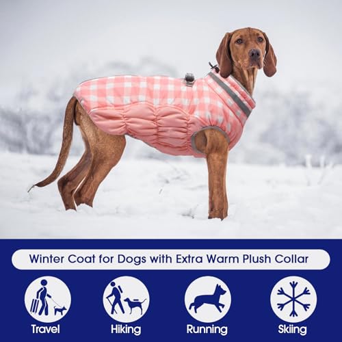 FUAMEY Dog Coat for Small Dogs,Waterproof Dog Winter Jacket with Harness Built in Puppy Cold Weather Coats Reflective Pet Vest with Zipper Warm Fleece Dogs Snowsuit Windproof Pink Plaid XS - color: Pink Plaid, size: XS(chest:14in)