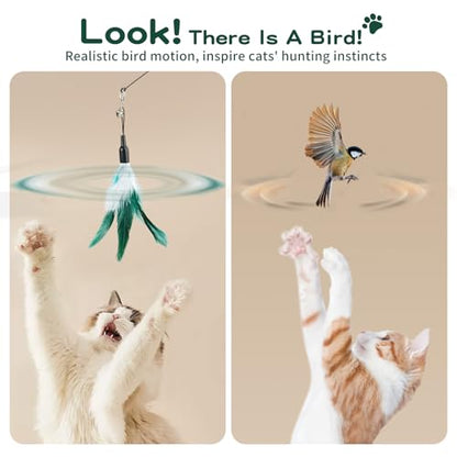 Pawaboo Feather Teaser Cat Toy, Interactive Feather Wand Cat Toy Flying Feather Cat Catcher with Extra Long 34.5" Wand and Small Bell, Fun Exerciser Playing Toy for Kitten or cat, White & Green - color: White & Green