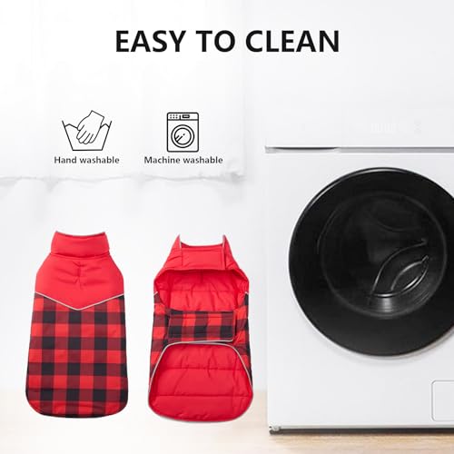 Geyecete Dog Winter Coat,Reversible Dog Coat Water Resistant British Style Plaid Dog Winter Coats Leash Hole Soft Basic Warm Dog Coat Jacket-Red-M - color: Red, size: Medium