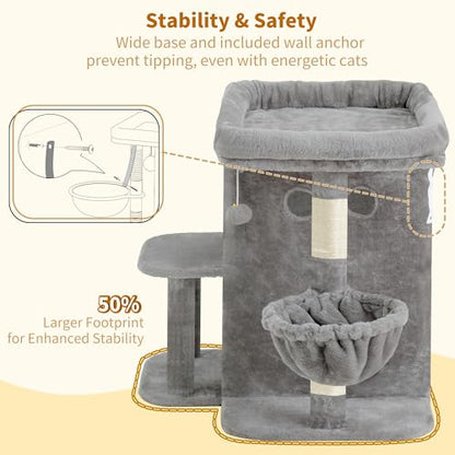 Heybly Cat Tree, 26.3-inch Cat Tower with Spacious Top Perch for Large Cats, Stair-Style Cat House Furniture with Dual-Layer Condos, Sisal Scratching Posts, Cozy Basket & Pompom, Light Gray HCT204SW - color: Light Gray, size: 26.3 Inch