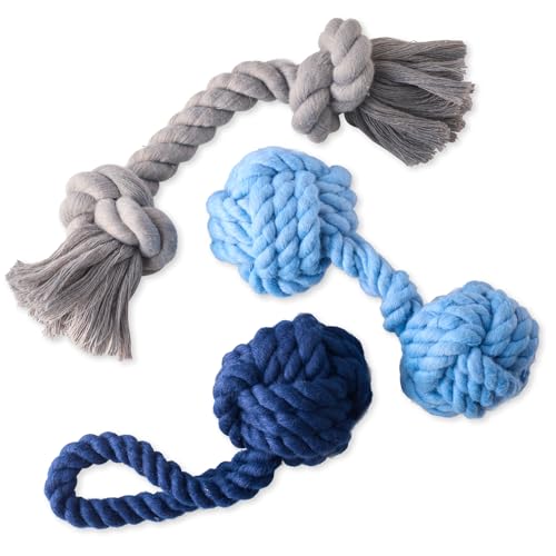 Pet Passion Brady The Rope Tug Toy 3-Pack Organic Cotton Dog Rope Pull Toys for All Pet Breeds, Blue Ombre, One Size - color: Blue Ombre