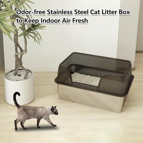 Stainless Steel Litter Box XL, Metal Litter Box with Lid - Extra Large Space with High Sides for Big Cats, Side Entry, Leak-Proof, Anti-Splashing, Transparent Black - color: Transparent Black, size: X-Large