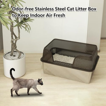 Stainless Steel Litter Box XL, Metal Litter Box with Lid - Extra Large Space with High Sides for Big Cats, Side Entry, Leak-Proof, Anti-Splashing, Transparent Black - color: Transparent Black, size: X-Large