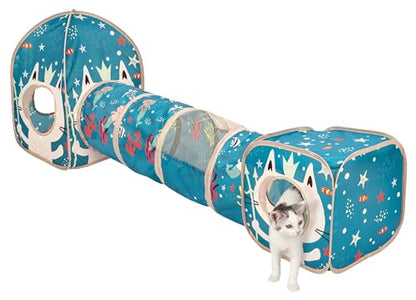 Kitty City Ocean-Themed Cat Play Furniture Set, Collapsible Pop-Up Cat Toys Combo with Cube, Tunnel & House, Indoor Cat Playground for Play, Hiding & Lounging - color: D) Ocean Cat Play Combo