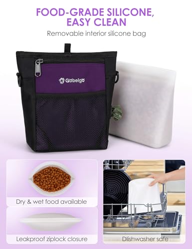 Gobeigo Dog Treat Pouch, Magnetic Closure & Sealable Silicone Bag Insert, 4-Cup Capacity – Belt Clip/Waist Belt/Crossbody Wear, Clicker Included – Great for Pet Training & Walking (Purple) - color: Purple