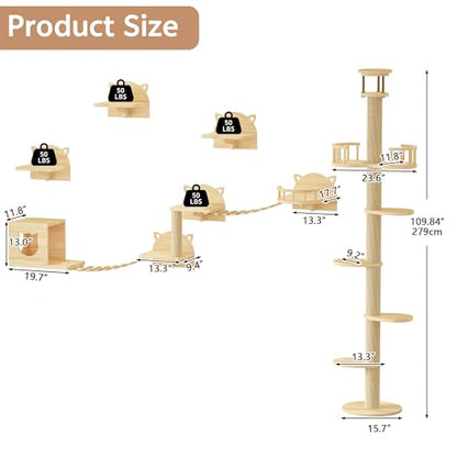Floor to Ceiling Cat Tree, 22-in-1 Cat Wall Shelves with Multi-Level Cat Tower, Wood Cat Climbing Wall Systems for Indoor Cats, with Condo & Scratching Post, Cat Furniture Height (95-110")