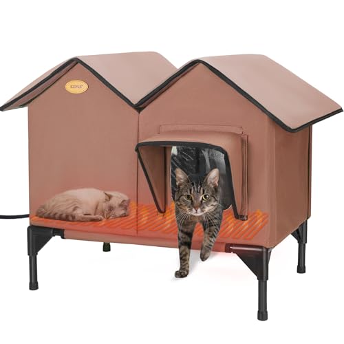 Heated Cat House for Outside Cats in Winter, Large Insulated Heated Outdoor Cat House Weatherproof with Elevated Base & Escape Door, Waterproof Cat Shelter for Multiple Cats Feral Stray Barn Kitty - color: Coffee
