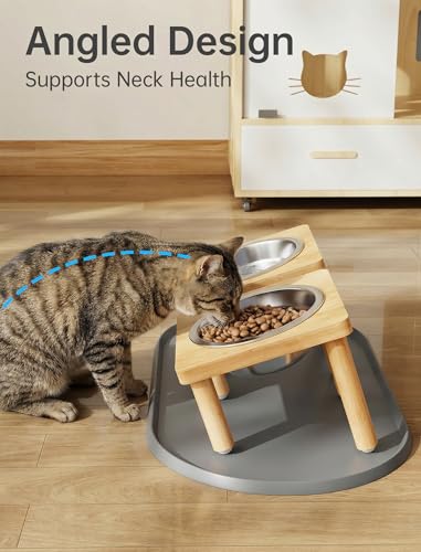 NiHome Elevated Cat Bowls with Food Mat for Indoor Cats, 5 Feeding Positions Raised Cat Bowl Bamboo Stand with 2 Stainless Steel Bowls, Whisker Friendly Dishwasher Safe Pet Food and Water Bowl