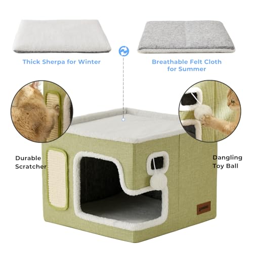 ZOMISIA Cat Beds for Indoor Cats - Large Cat House for Pet with Fluffy Ball Hanging and Scratch Pad, Foldable Cat Hideaway,16.5x16.5x13 inches, Green