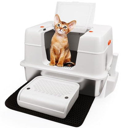 Vivifying Stainless Steel Litter Box with Lid, XL Side Entry Extra Large Litter Box for Big Cats & Kitty, Removable Enclosed Metal Cat Pan with High Sided Enclosure, Scoop, Mat, Footboard (Beige) - color: Beige