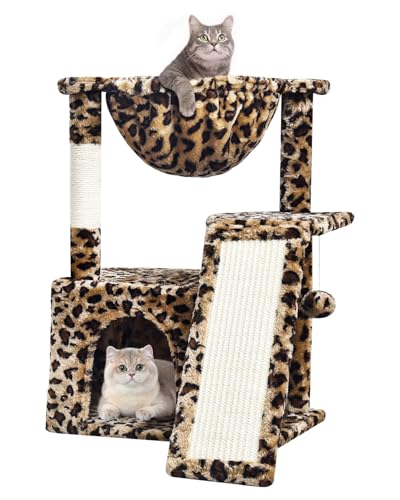 SYANDLVY Leopard Print Cat Tree for Indoor Cats, Small Cat Tower with Scratching Post & Board, Modern Activity House Condo with Cradle, Hanging Ball for Play, Kittens Cave - color: Leopard Print