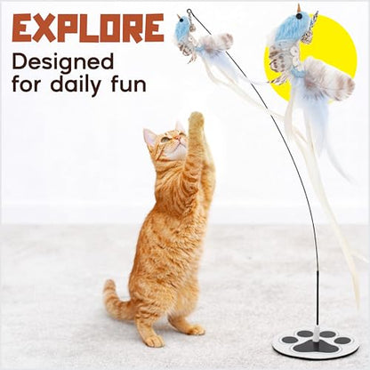 Interactive Cat Toys for Indoor Cats - 5 Replacement Feathers with Bells - Teaser Wand Toy - Self Play Bird Simulation - Bored Adult Feline Hunting Solo Chaser Activity - Kitten Juguetes para Gatos - color: Pounce & Play Bundle