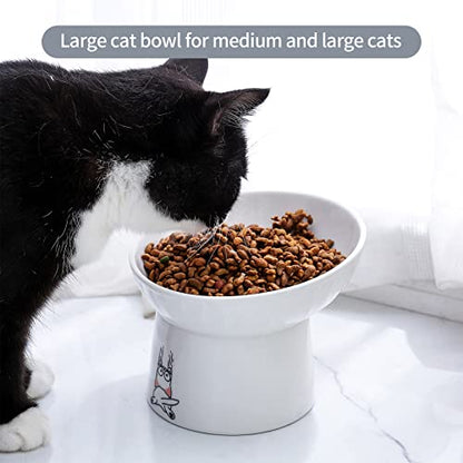 6.5 Inch Extra Wide Ceramic Raised Cat Bowl Set, Tilted Elevated Cat Bowls for Food and Water, Prevent Whisker Fatigue, Stress Free, Less Vomiting, Protect Spine, White & Grey - color: White & Grey