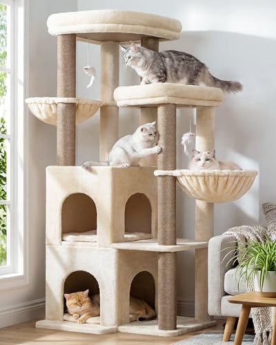 Globlazer Cat Tree Tower for Indoor Cats, Sturdy Adult Cat Tree House for Large Adult Cats with 2 Platform, 6 Cat Scratching Post, 2 Cat Caves, Dangling Toys, S63, 63 inch, Beige - color: Beige, size: XXL