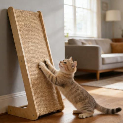 L-Shaped Cat Scratching Board with Sisal and Wooden Frame, Wall Mounted Scratcher Pad with Ball Toy for Indoor Cats, 28.2 Inch (28.2inch)