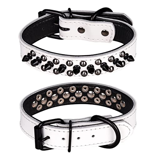 Spiked Studded Dog Collar, Genuine Leather Dog Collar, Adjustable Pet Collars for Small or Medium Pet (S, White-1) - color: White-1, size: S