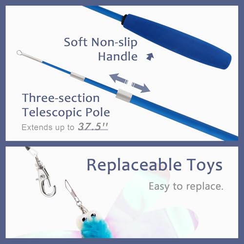 Cat Wand Toys for Indoor Cats - Cat Toy Set with Retractable Teaser Wand and 6 PCS Fairy Feather Toy Refills, Dragonfly Tassel Plush Cat Toys Interactive, Blue - color: Blue