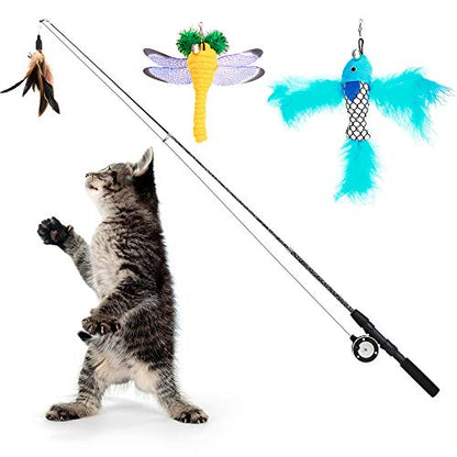 Pawaboo Cat Feather Toys, 4 Pack Interactive Cat feather Teaser Wand Toys, Retractable Fishing Pole Wand Catcher Exerciser with Refill Fish, Dragonfly Worm with Bells, Fun Cat Kitten Kitty Playing Toy - color: Bionic Brown Feather