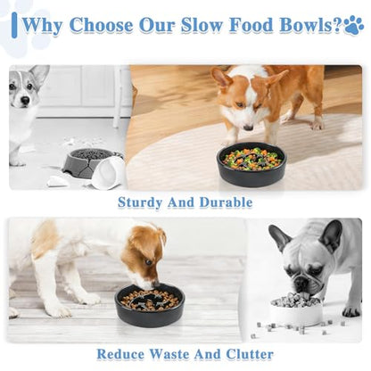Ceramic Slow Feeder Dog Bowls, 1 Cups Dog Food Dish for Small and Medium Breed, Puzzle Dog Food Bowl for Fast Eater, 15OZ, 6.3 inch(Black) - color: Black-M