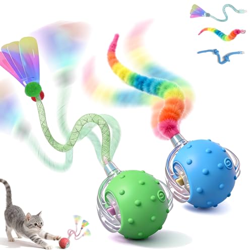 2 Pack Interactive Cat Toys for Indoor Cats with 3 Tails,Automatic Moving Kitten Toys,Cat Toys for Bored Indoor Adult Cats,Smart Rechargeable Cat Enrichment Toys for Cats to Keep Them Busy, Cat Balls - color: 1Blue + 1Green