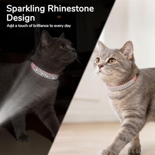 BINGPET Diamond Cat Collar with Bell, Adjustable Soft Velvet Bling Rhinestone Cat Collar, Sparkly Kitten Collar with Safety Elastic & Metal Buckle for Small Medium Cats - color: Pink(Rhinestones), size: Neck Girth 8"-10"