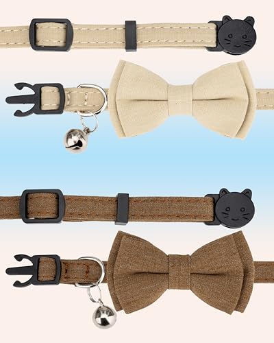 Cat Collar Breakaway Bowtie Safety with Bell Adjustbale Kitten Puppy Solid Plaid Color Set A-[2pcs] Brown & Beige - color: A-[2pcs] Brown & Beige
